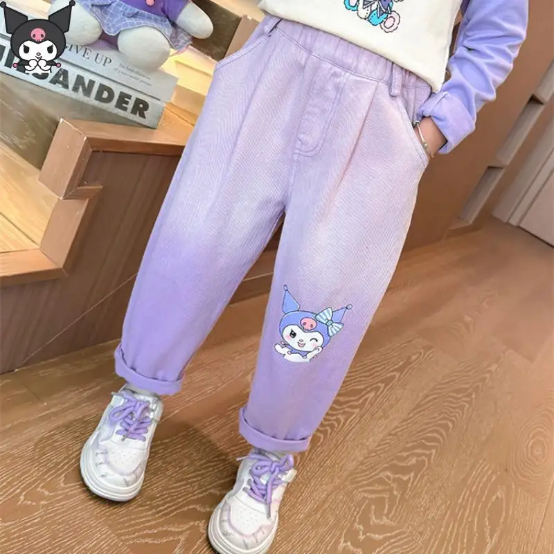

Джинсы Kuromi Girls Kawaii с мультяшным градиентом в стиле аниме, весна и осень, новые модные милые универсальные мягкие для кожи Sanrio