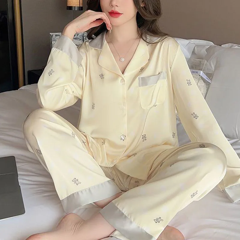 Two Sets of Women\'s Long-Sleeved Pajamas Bubble Bear Ice Silk Advanced Sense of Silky Smooth Fashion Simple Cute Sweet Style