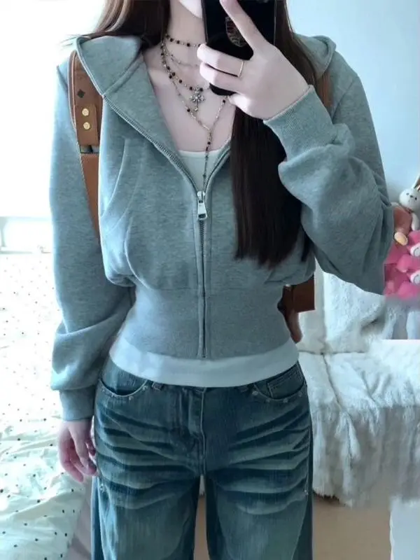 Gray Thickened Fleece-lined Slim-fit Hoodie Cardigan Women's Spring Autumn Short Coat Jacket Breathable Zipper Design Casual ...
