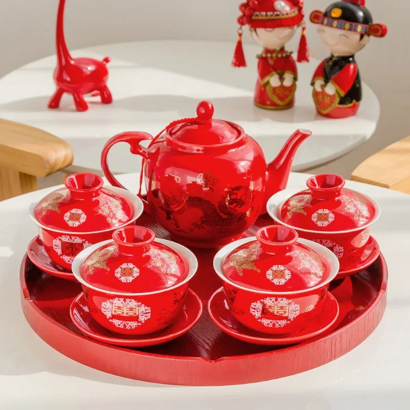 Chinese wedding dowry red marry celebration new tea cup suit pot tea set kettle jubilant ceramic teapot tray gaiwan teaset