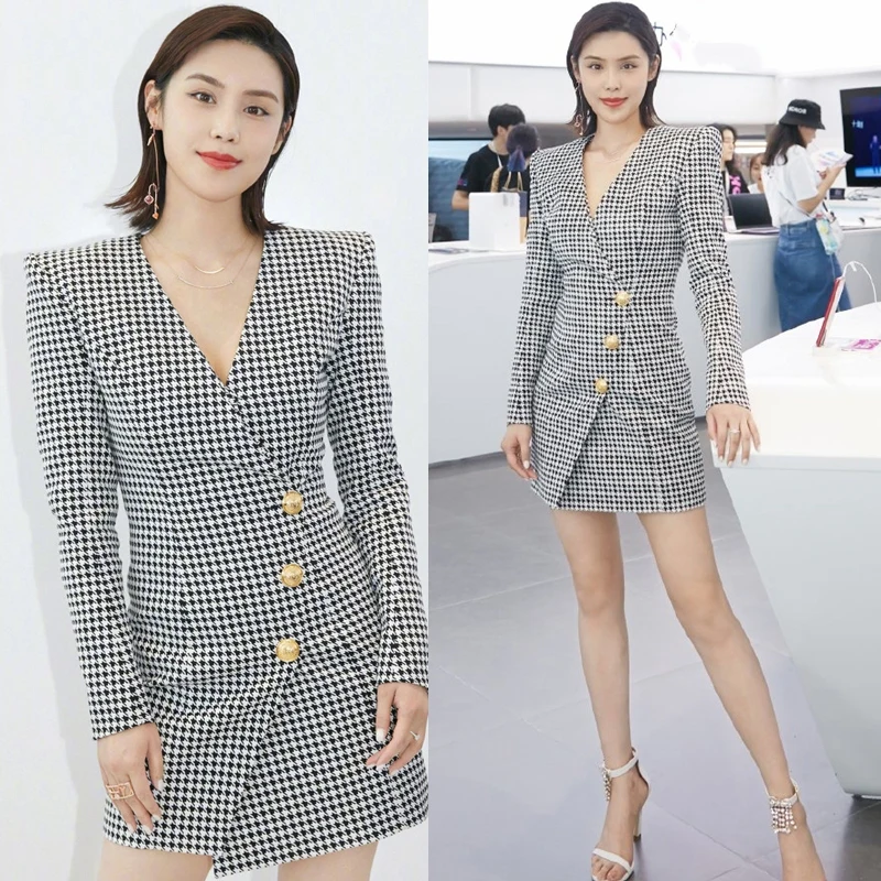 Slim Fit V Neck Plaid Suit Dress Elegant OL Style Women's Fashion Commute Wind Long Sleeve mid Length Double Breasted Button