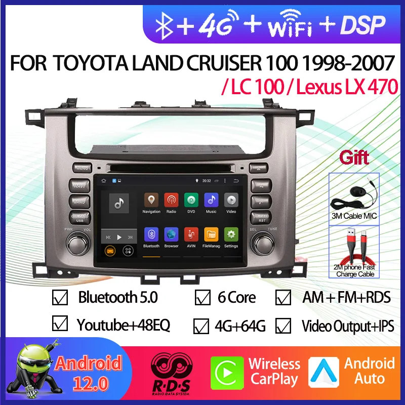 Car GPS Navigation For TOYOTA Land Cruiser 100 LC100 Lexus LX470 1998-2007 Android 12 Auto Radio Multimedia DVD Player