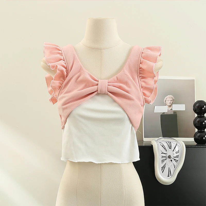 Y2k Aesthetic Summer Women Clothing Crop Top O Neck Flying Sleeve Bowknot Unique Tees Fake Two Piece Design Sense Slim T-shirts