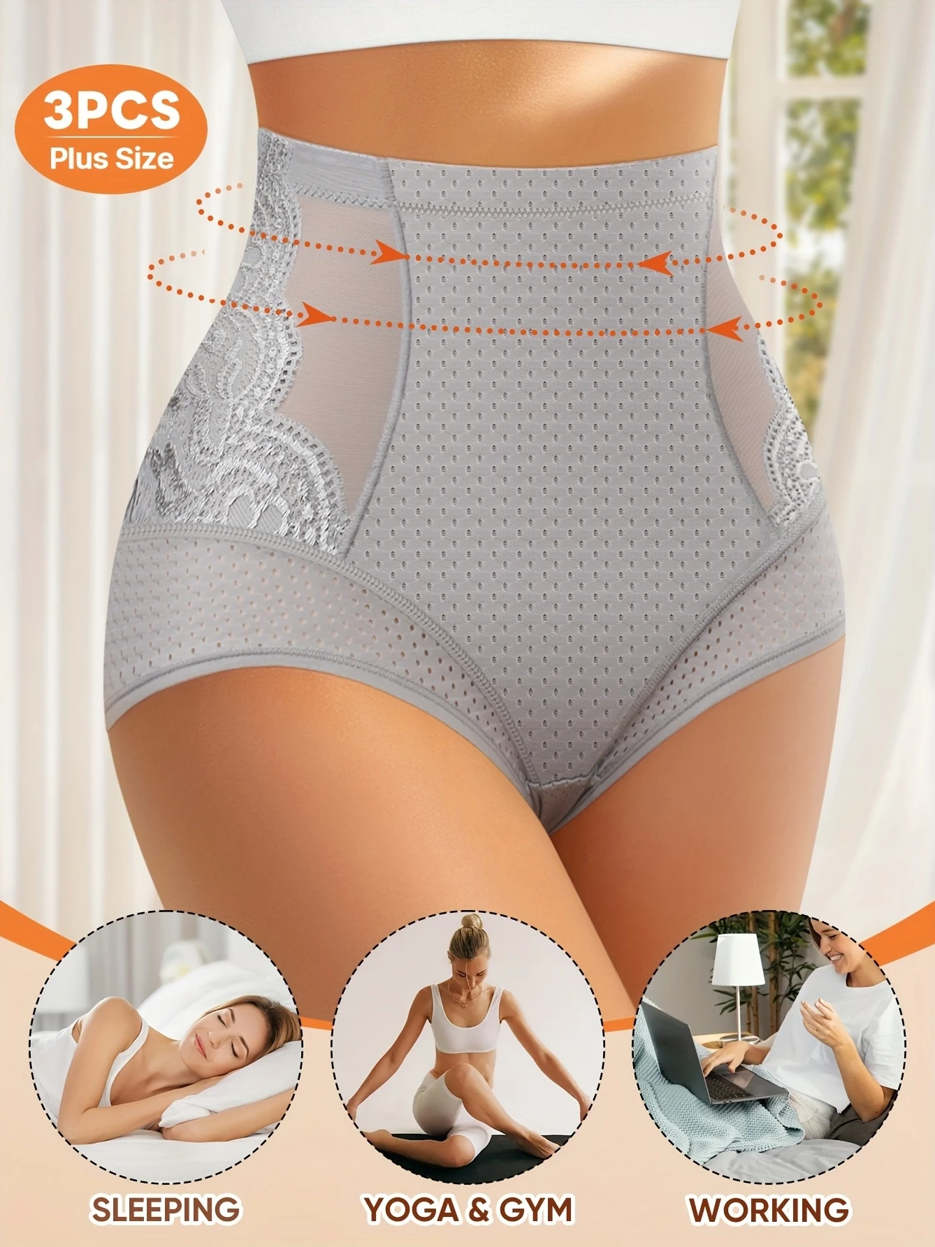 

3 шт. женские корректирующие трусики больших размеров с высокой талией - дышащая сетка и кружевная отделка, эластичное нижнее белье для контроля живота для