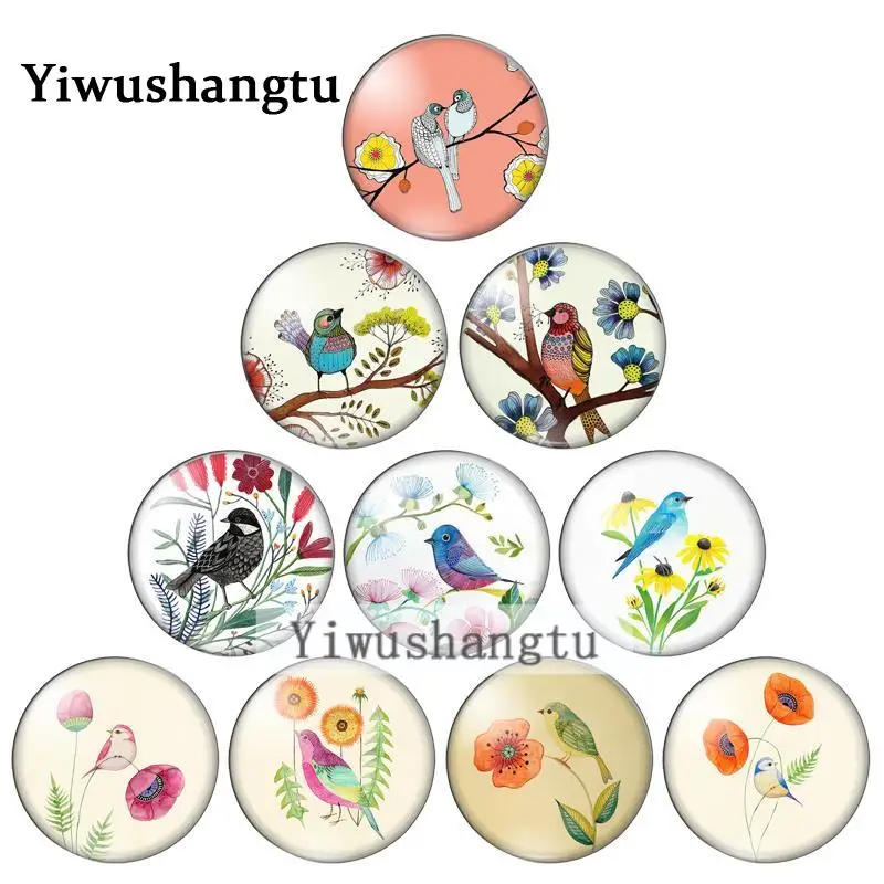 10pcs mixed flowers birds Color painting 10mm/12mm/18mm/20mm/25mm Round photo glass cabochon demo flat back Making findings