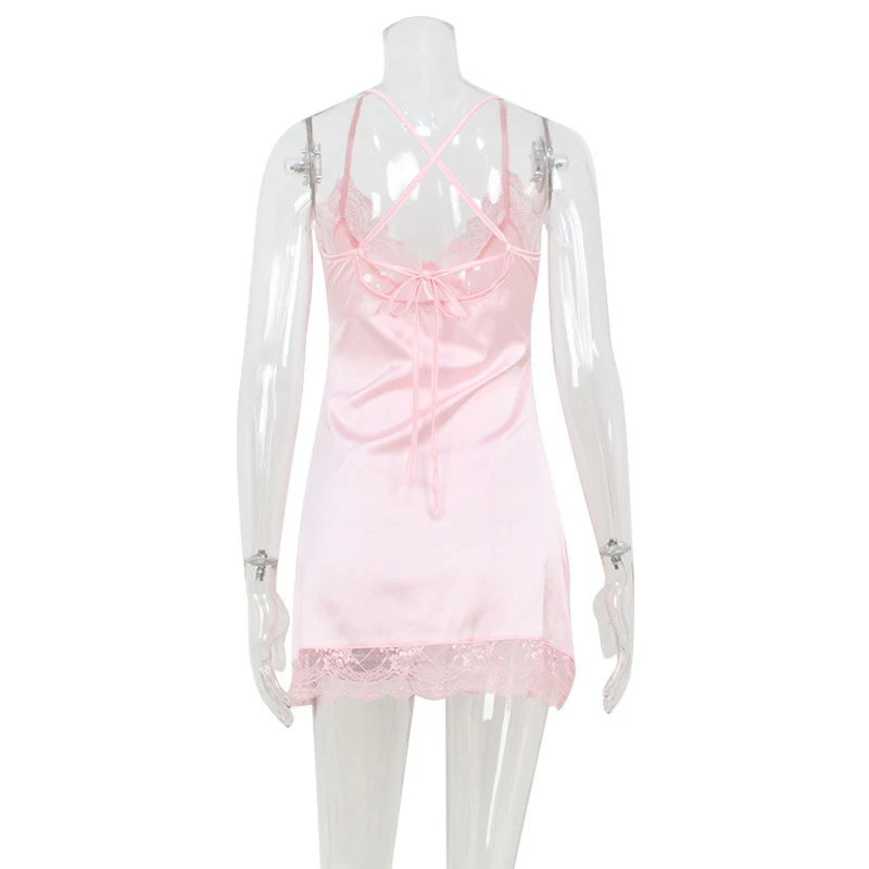 BKLD Różowa, uwodzicielska damska koszula nocna 2025, codzienna sukienka na ramiączkach, sznurowana, bez rękawów, z odkrytymi plecami, mini satynowa sukienka z koronkowymi wstawkami.