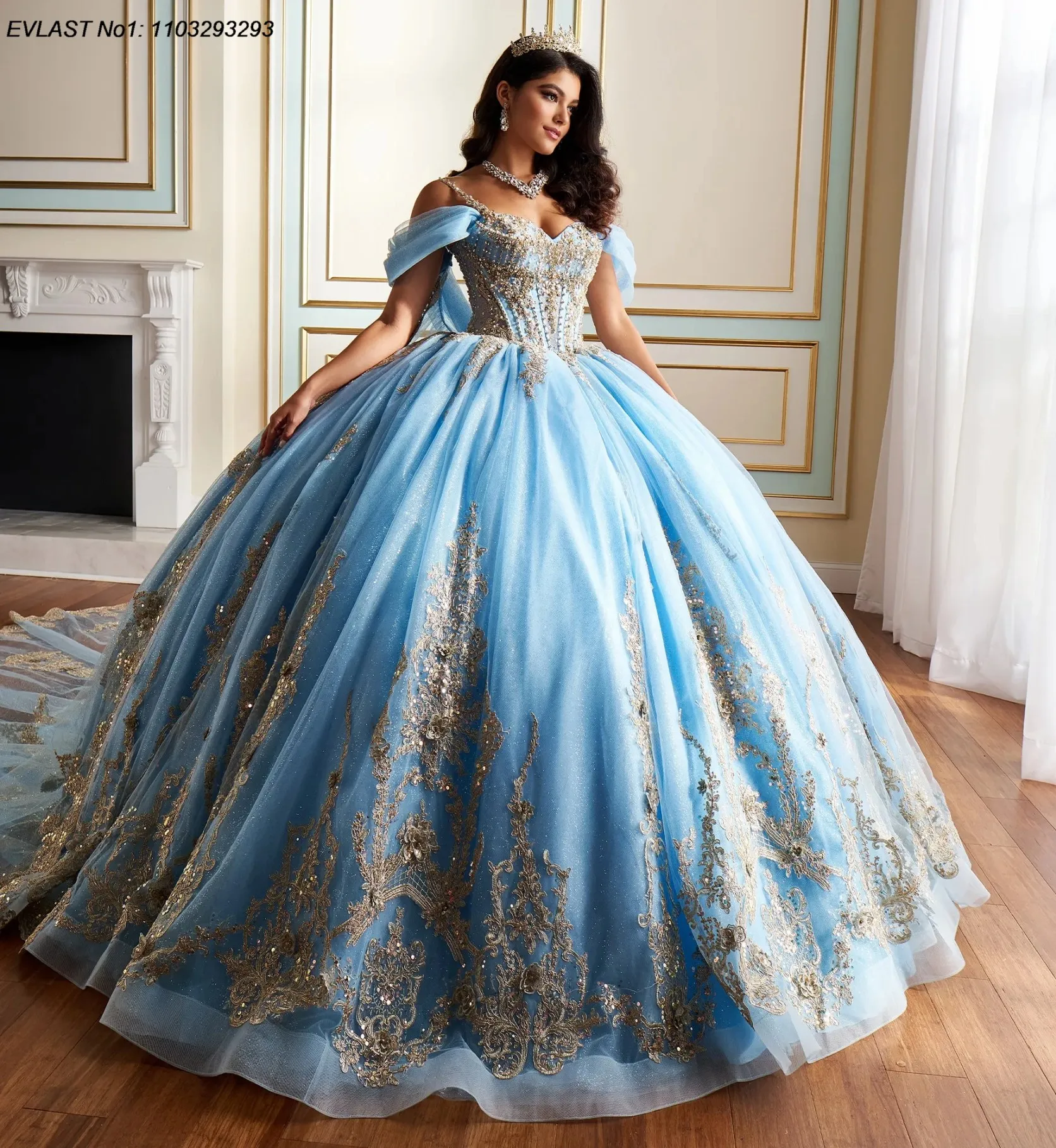 EVLAST Customized Mexican Sky Blue Quinceanera Dress Ball Gown Gold Lace Applique Beaded Cape Sweet 16 Vestido De 15 Anos E1Q70