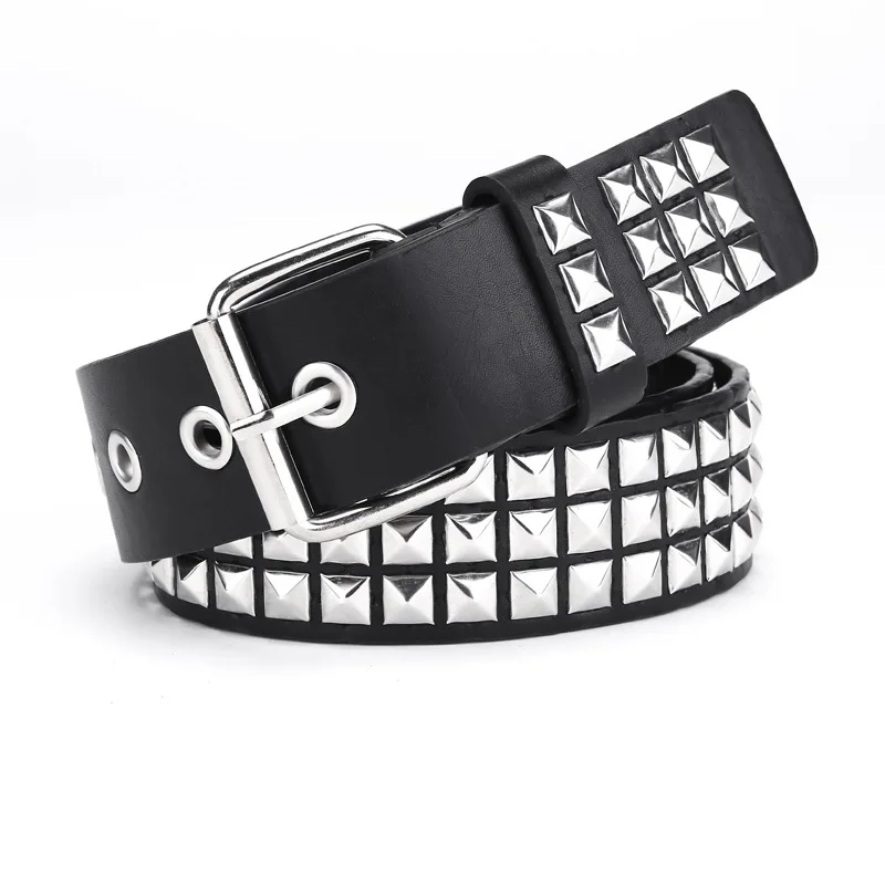 Punk style rivet belt set, equipped with stainless steel square buckle, PU panel material, male and female pyramid rivet decorat