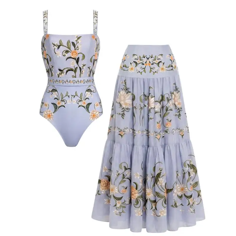 Flaxmaker Women Sexy Sleeveless Summer Swimsuit And Skirt Adjustable Shoulder Strap Floral Printed Swimwear Biquini conjunto de