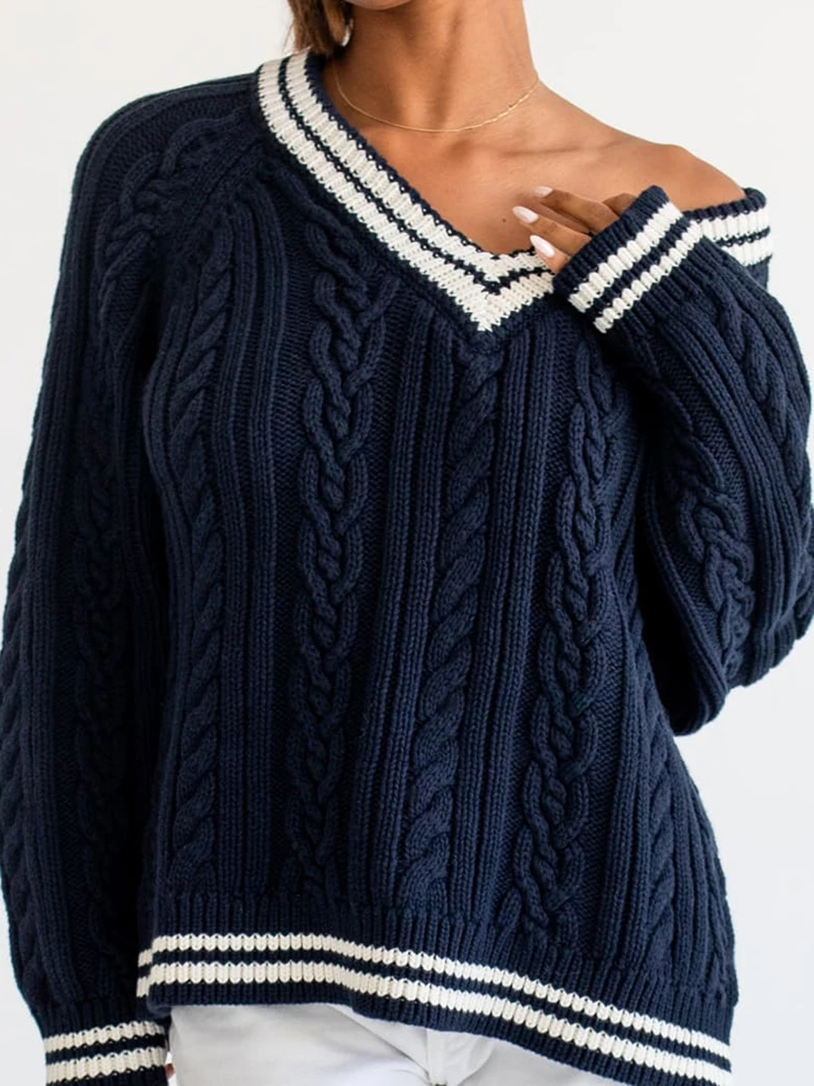 Women s Cable Knit Sweater Loose Contrast Trim V Neck Long Sleeve Pullover Tops for Fall Winter