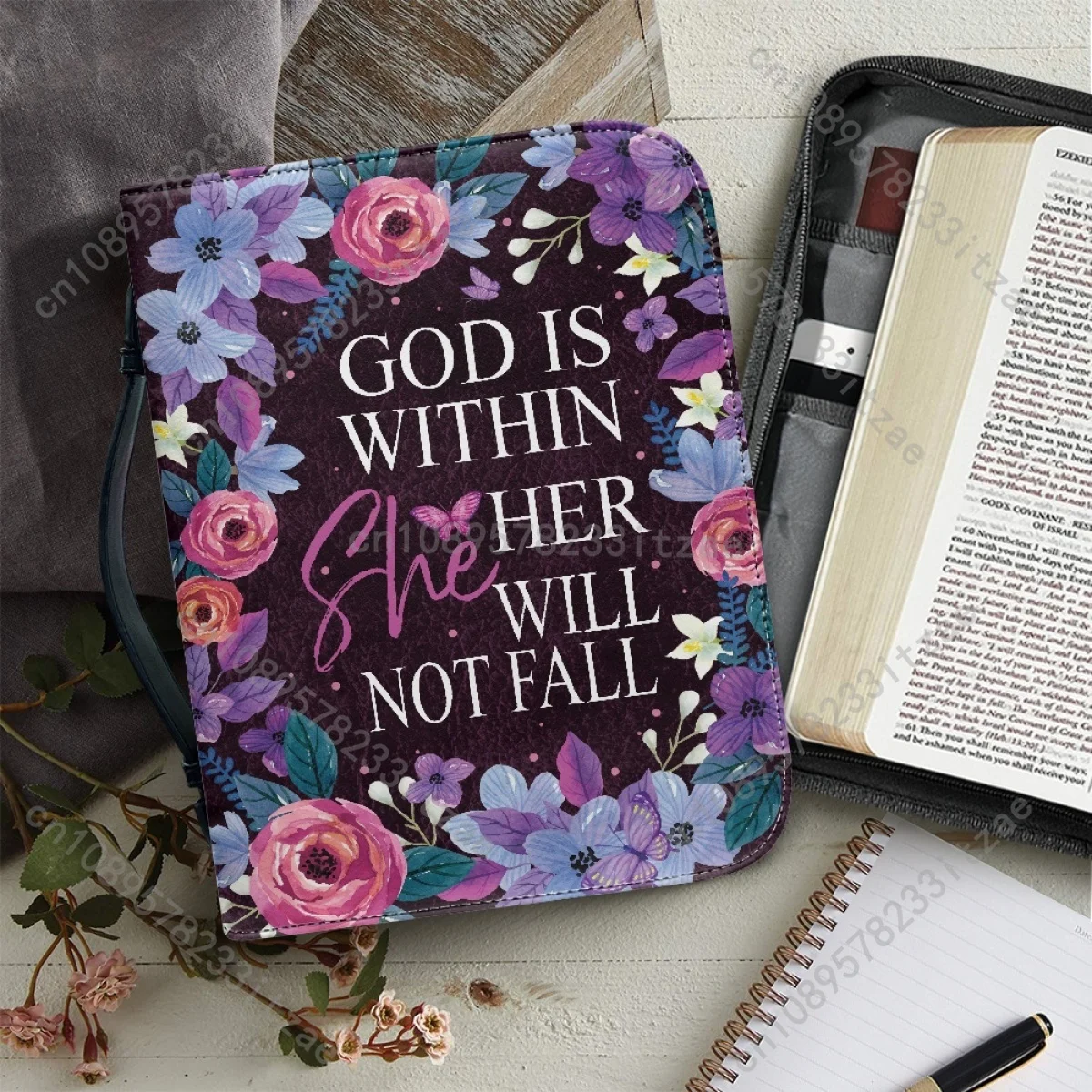 Women's Bible Bag Customized Handle Handbags God is Within She Her Will Not Fall Floral Love Purple Print Leather Bible Covers