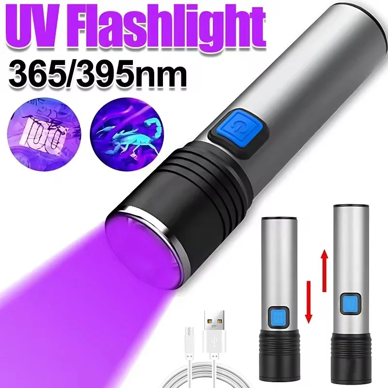 Senter UV 395nm zoom USB, dapat diisi ulang lampu UV Ultraviolet untuk deteksi urin hewan peliharaan Resin menyembuhkan