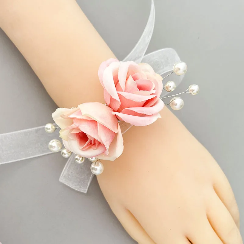 Accesorios de boda rosas, pulsera con ramillete de muñeca para novia, damas de honor, brazalete, flores de seda, rosas artificiales, decoración de novia