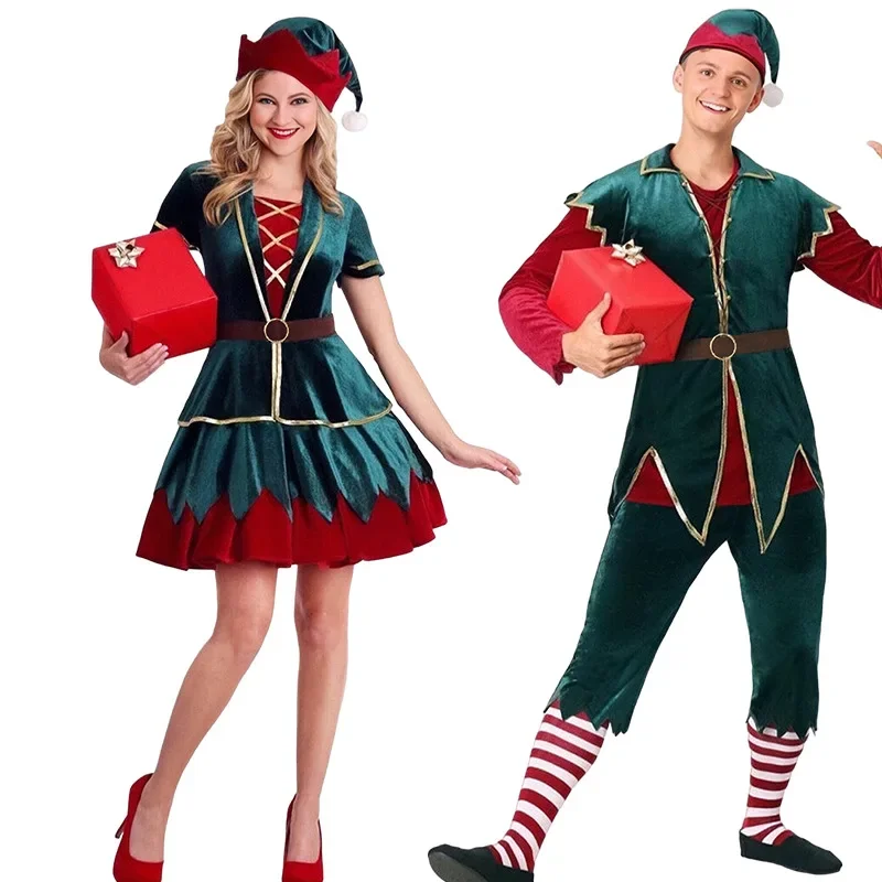 Boże Narodzenie Zielony Elf Fancy Costume Xmas Deluxe Cosplay Santa Claus Clothes New Year Xmas Women Men Carnival Party Dress Suit Gift