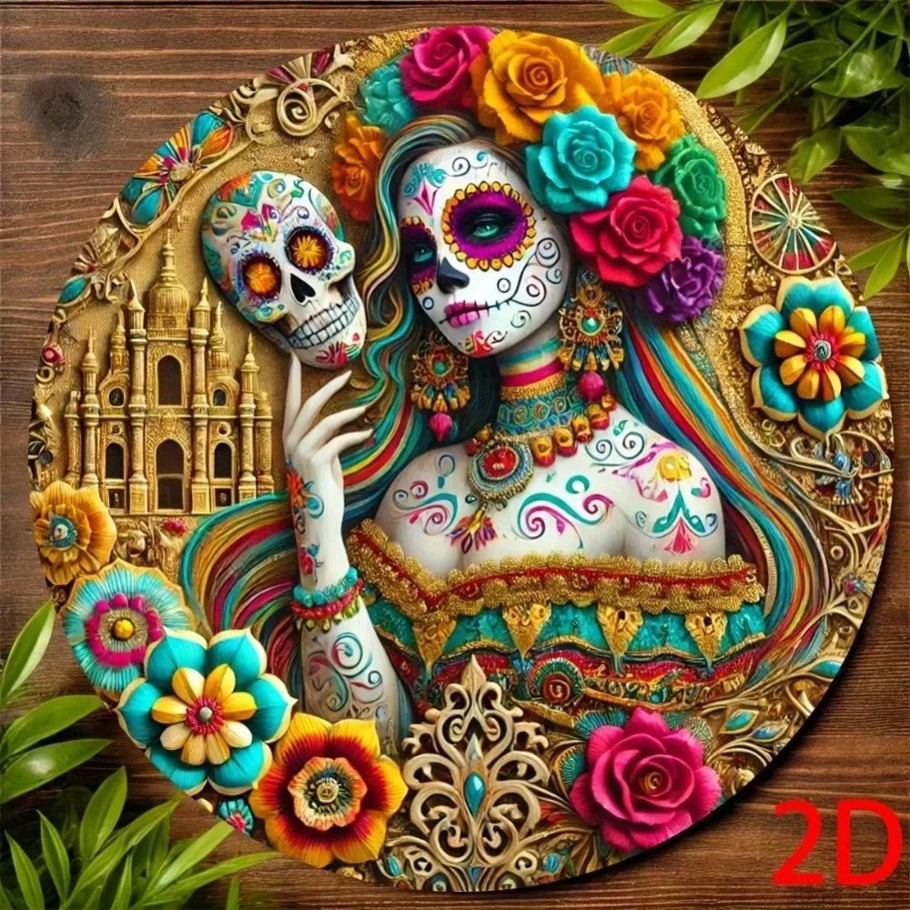 1 flat, round, two-dimensional aluminum plate, Mexican vintage Day of the Dead motif, featuring Catrina and a skeleton