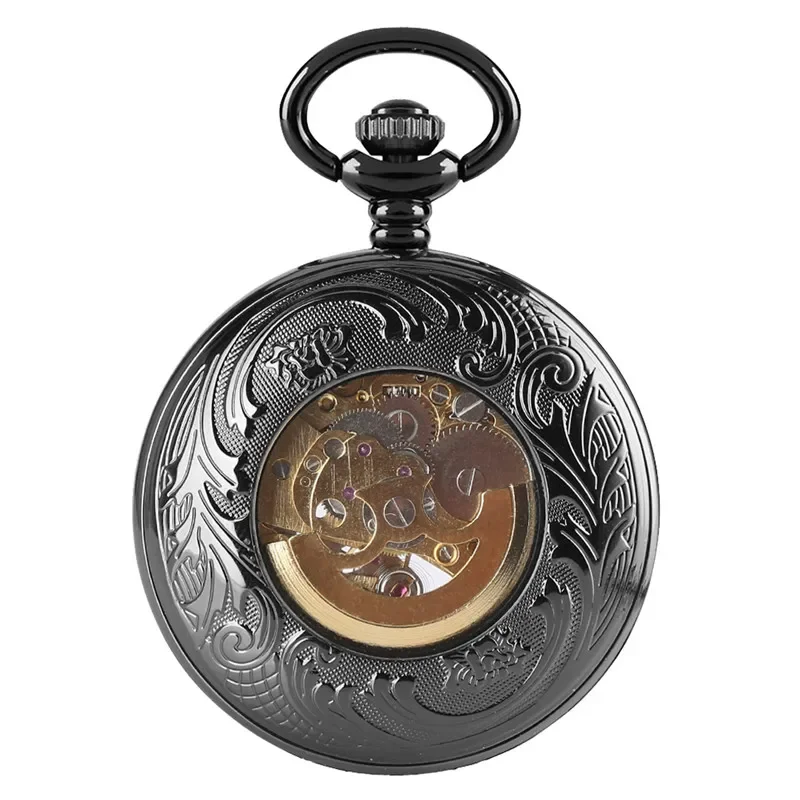 Retro Black Hollow Flower Cover Pocket Watch Mechanical Handwinding Clock Roman Numeral Dial with Pendant Chain for Men Women