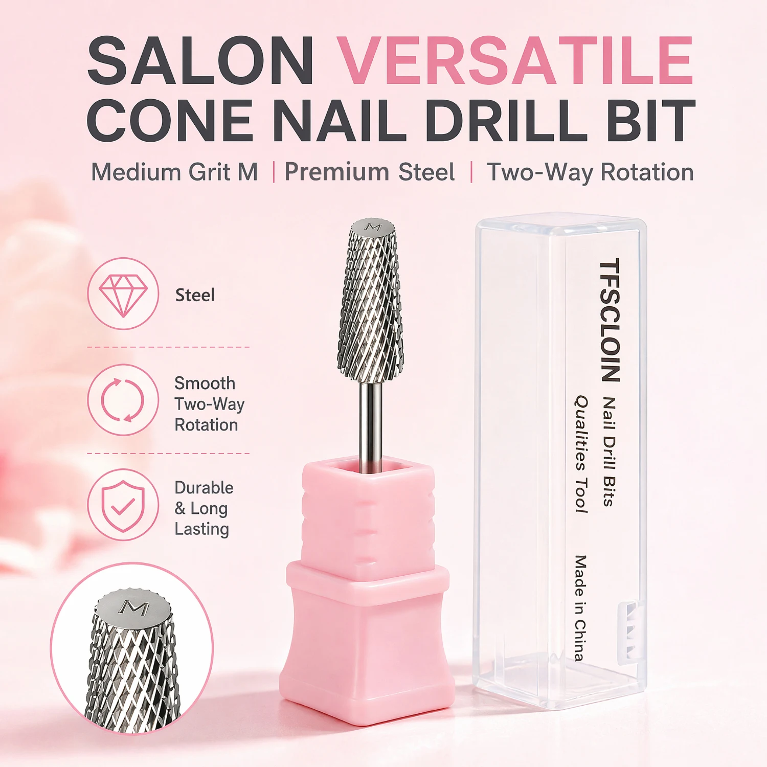 Professional Tungsten Carbide Nail Drill Bit 3/32Inch Shank EasytoClean Medium Cone Nail Drill Bitsfor Gel Removal