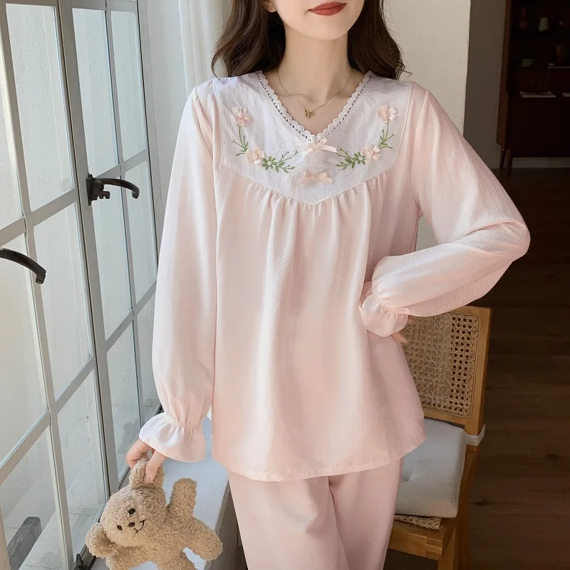 Autumn Two Piece Women\'s V-Neck Sweet Home Clothes Lace Long Sleeve Pajama Trousers Set Casual Women\'s Pink Bow Cute Pajama Set