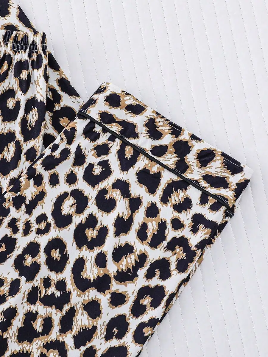 

Leopard Print Women Pajama Set Long Sleeve Turn-Down Collar Top Elastic Waist Loose Pants Sleepwear Home Wear