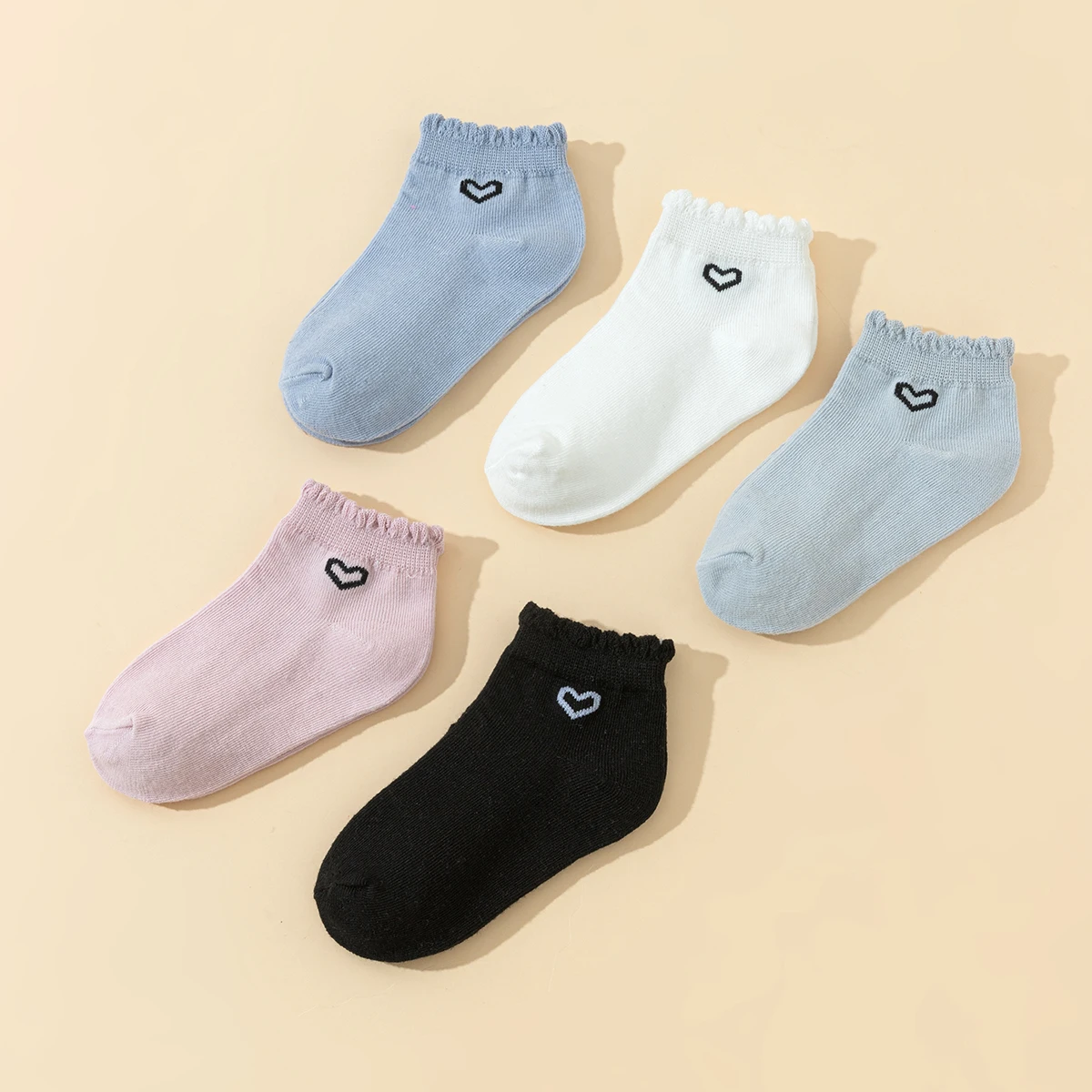 5 Pairs Solid-Color Children's Socks, Heart-Shaped Pattern, Everyday College-Style Girls' Short Socks, Soft and Breathable