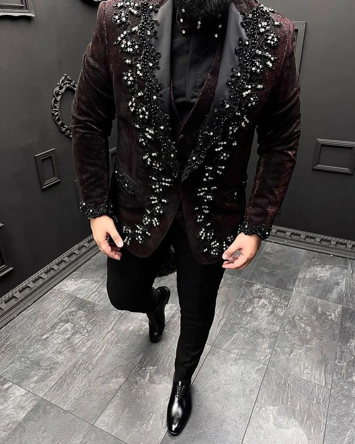 High Quality Crystal Beading Mens Tuxedos Custom  Groom Wear One Button Wedding Blazer Suits Business Prom Party Jacket 3 Pieces