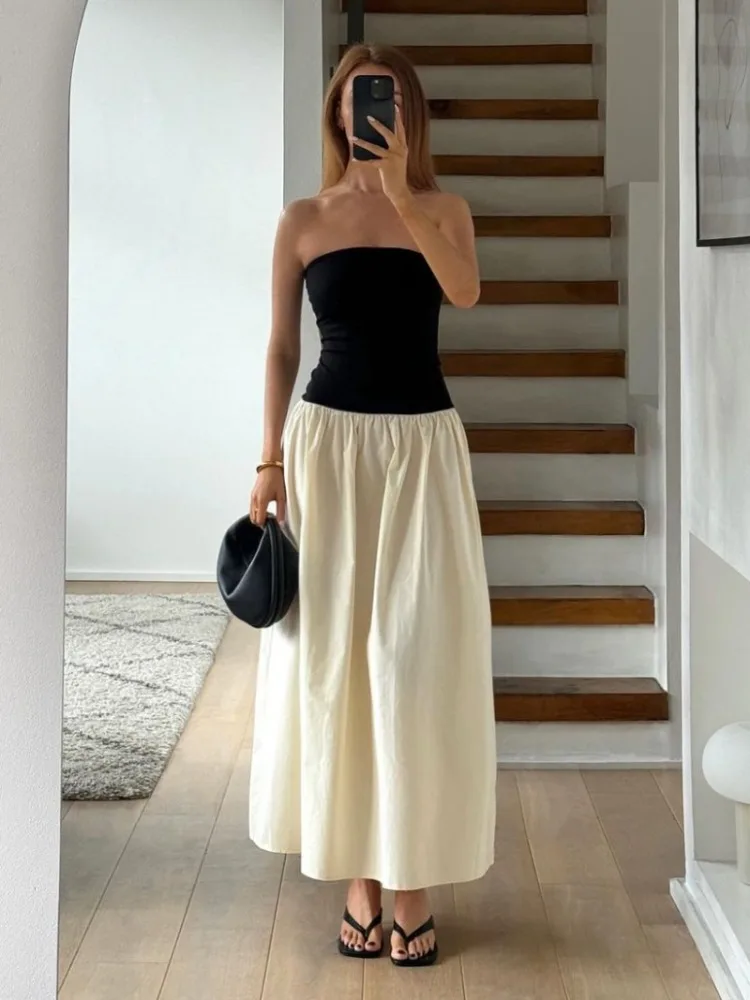 

Tossy Patchwork Strapless Sleeveless Dress Women's Contrast Color A-Line High Waist Long Party Dress Fashion Outfits Female New