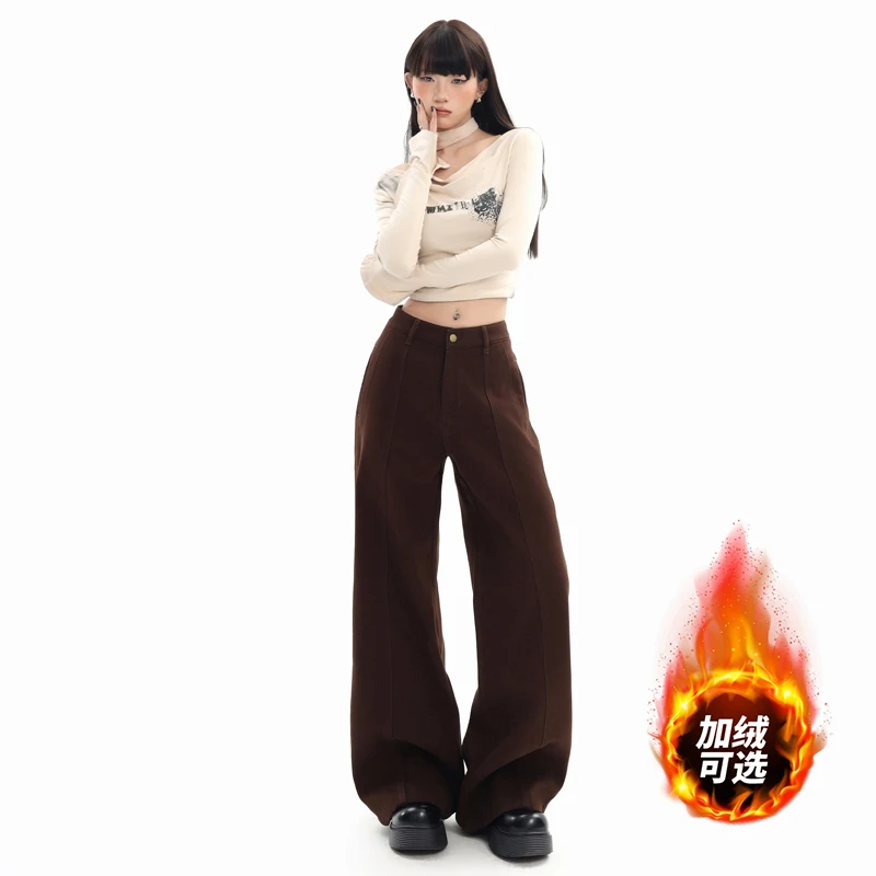 

Коричневые женские джинсы в американском ретро-стиле, сексуальные, с разрезами, прямого кроя, утягивающие, свободные, широкие брюки.