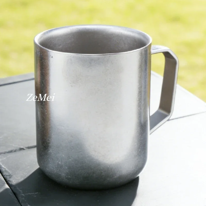 Pure Titanium Double-layer Coffee Cup,With Lid 380 Ml Handheld Beer Mug,Silver Cold Drink Portable Outdoor Camping Travel Mug