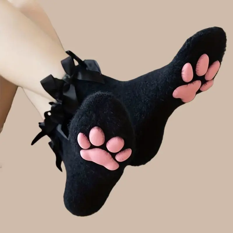 Kawaii Coral Velvet Cat Paw Plush Socks Paw Pads Kitten Claw 3D Cat Paw Socks Lolita Style Cold-proof Bowknot Warm Socks Gift