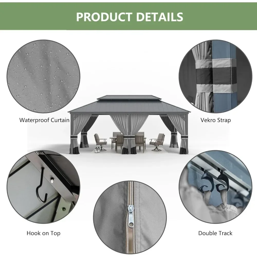 12' x 20' Hardtop Gazebo,Outdoor Galvanized Steel Metal Double Roof Gazebo with Curtains and Netting for Patios, Gardens