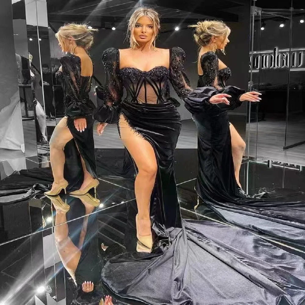 

Lace Sexy Luxury Black Beaded Perspective with High Split Red Carpet Show Fashion Unique Elegant Party Long Dress for Women 2023