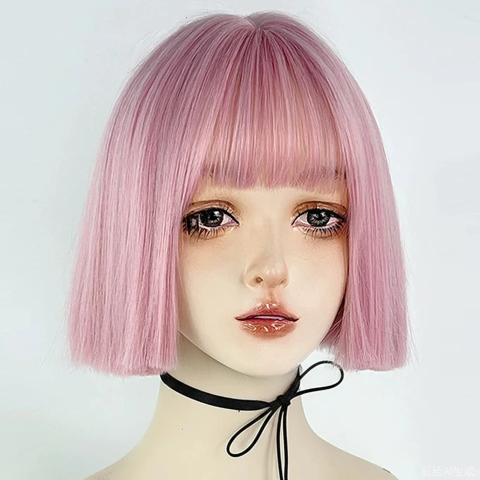 

Short Pink Synthetic Natural Bob Straight Wigs with Bang for Women Party Daily Use Heat Resistant Fiber