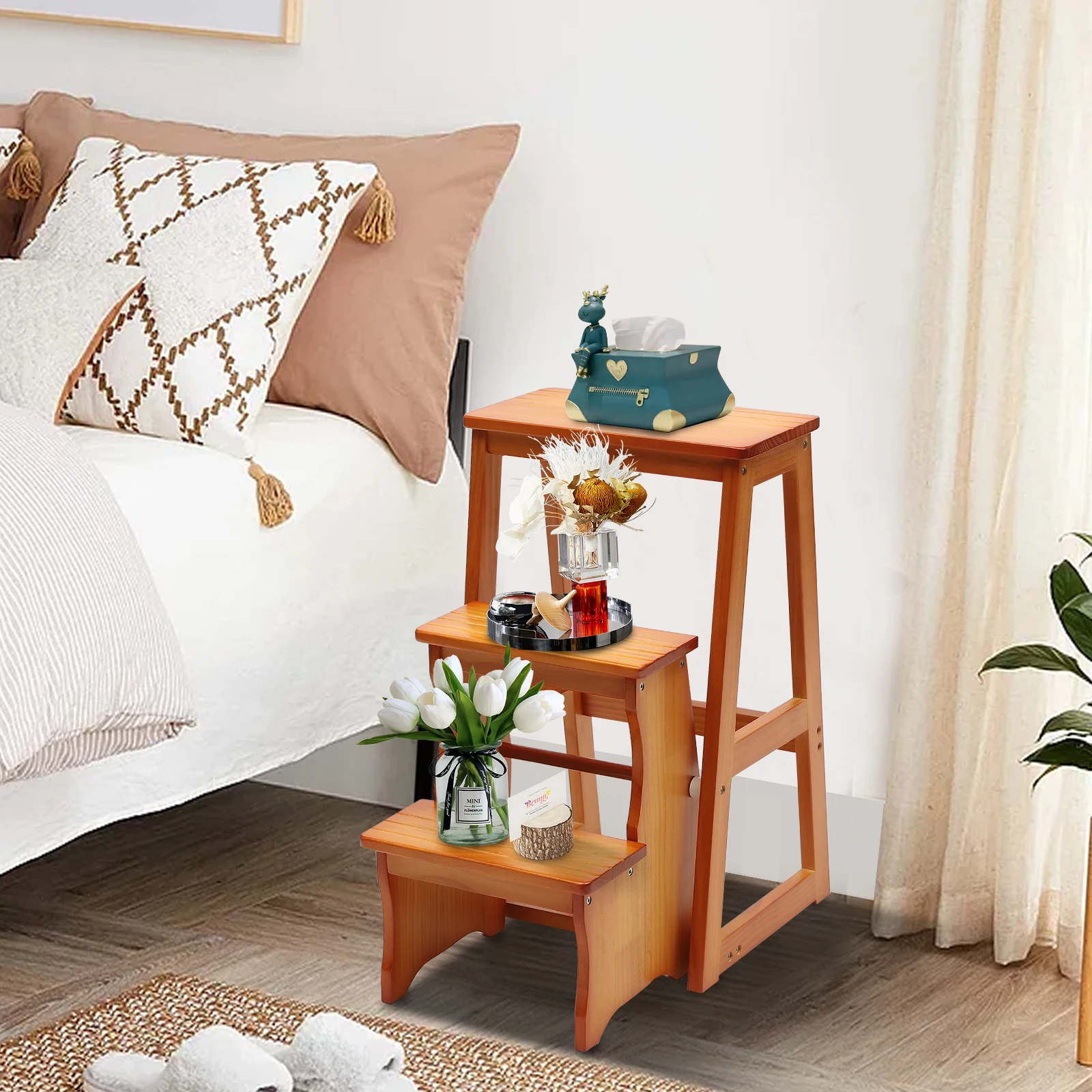 Rak Tangga, Kayu Solid Berkualitas Tinggi, Finishing Warna Madu, Desain Lipat, Stabilitas Tinggi dengan Kapasitas 264,55 lbs, Anti Selip