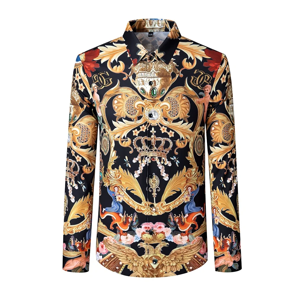 Luxury Crown Diamond Shirt Men Court Style Long Sleeve Casual Business Dress Shirts Social Party Tuxedo Banquet Men Clothing