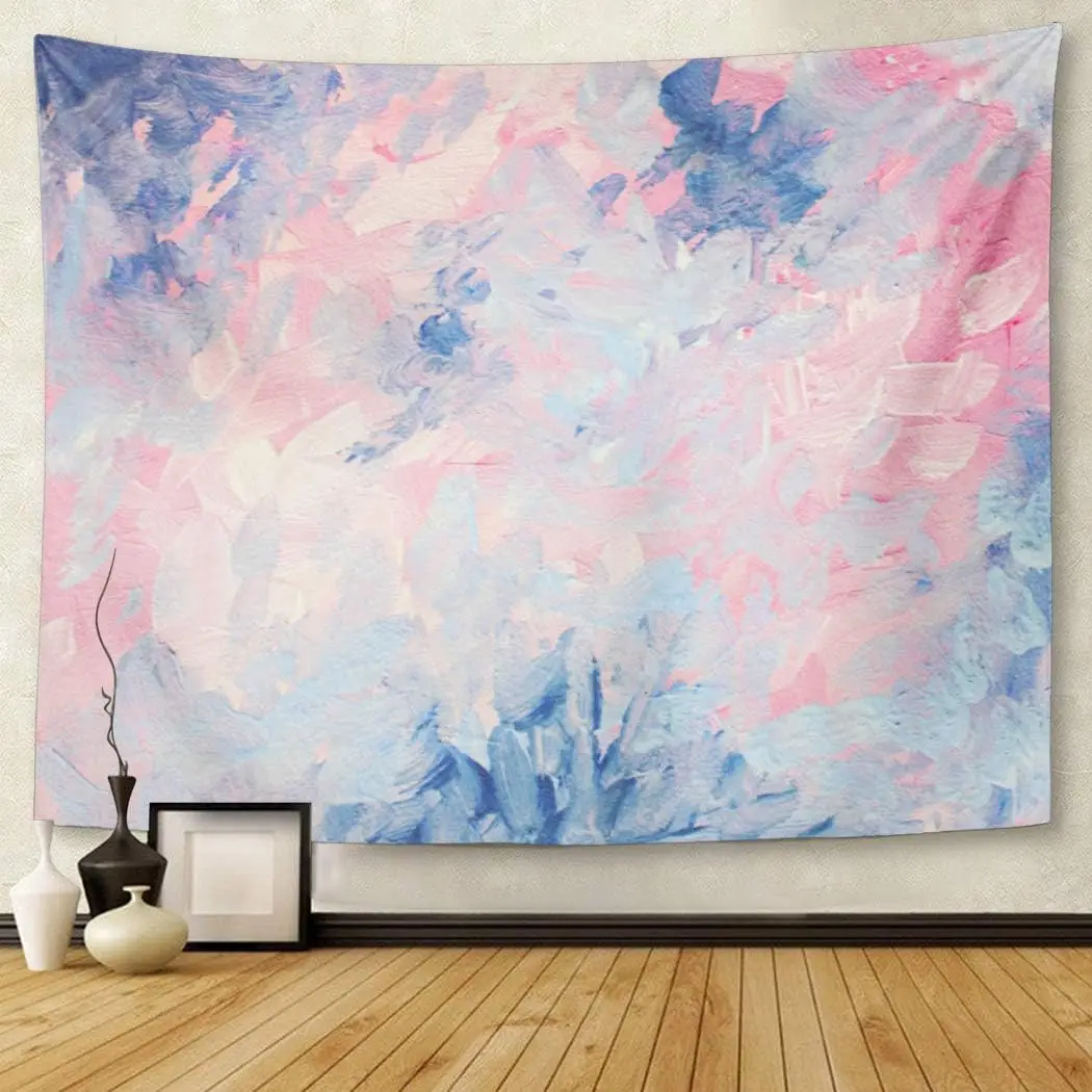 Pastel Abstract Oil Painting Tapestry, Pink Blue Watercolor Brush Strokes Art Wall Cloth For Bedroom Minimal Aesthetic Decor