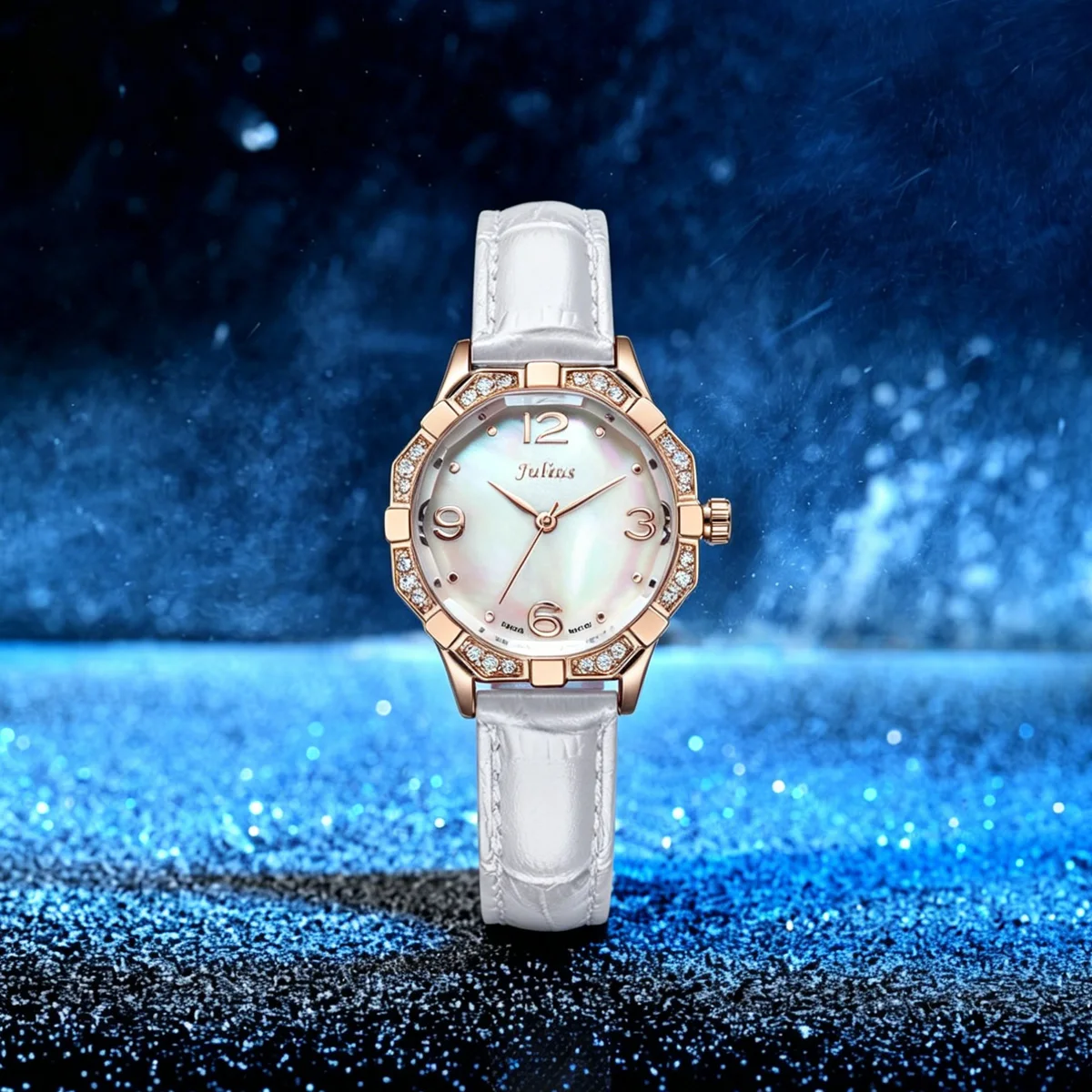 Reloj Julius Lady con diamantes de imitación pequeños para mujer, pulsera de horas de moda de cuarzo japonés con nácar, regalo de cuero para niña sin caja