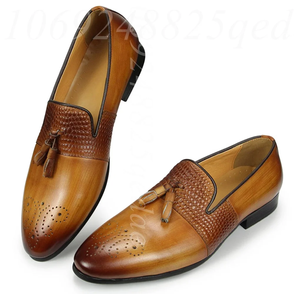 

Classic Men's Two-Tone Leather Tassel Loafers Hand Burnished Leather Brogue Detail Dress Shoe for Business and Formal Occasion