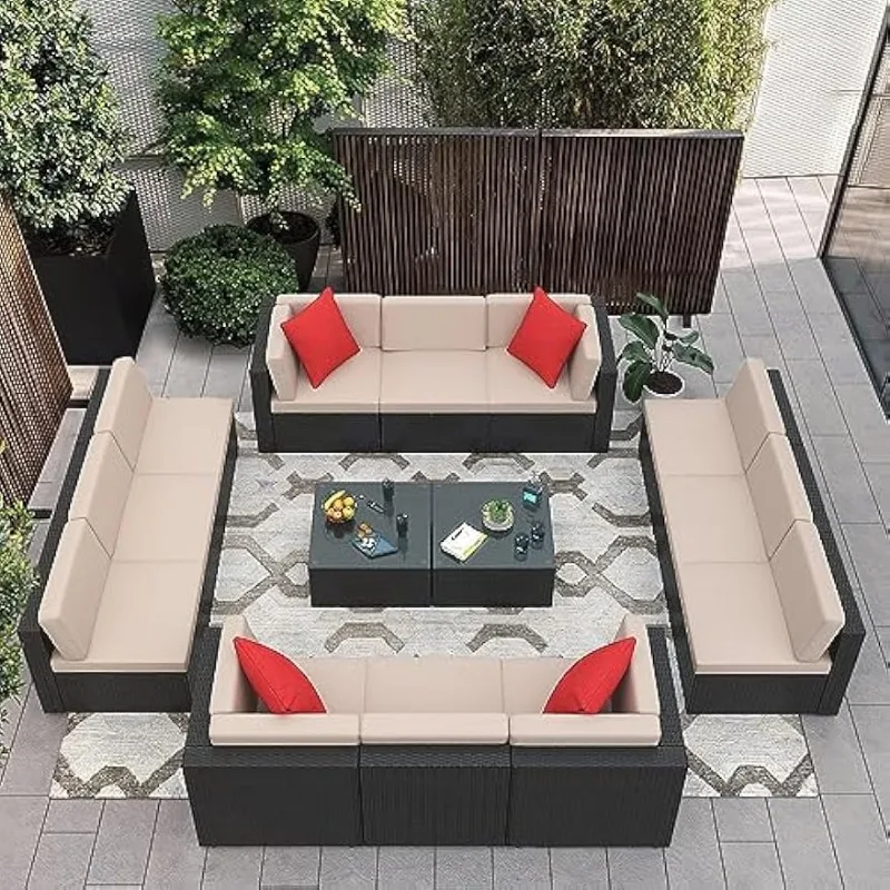 Outdoor PE Rattan Sofá secional, Conjuntos de Móveis Pátio, Almofadas Engrossadas, Mesa De Café De Vidro, Bege, 14 Pcs