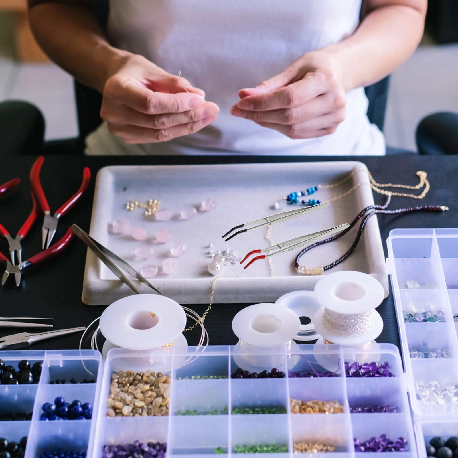 2 قطعة ملاقط من الفولاذ المقاوم للصدأ منحني طرف المطاط المغلفة مجوهرات أدوات حرفية أجزاء صغيرة التعامل مع ختم جمع الأدوات اليدوية #4