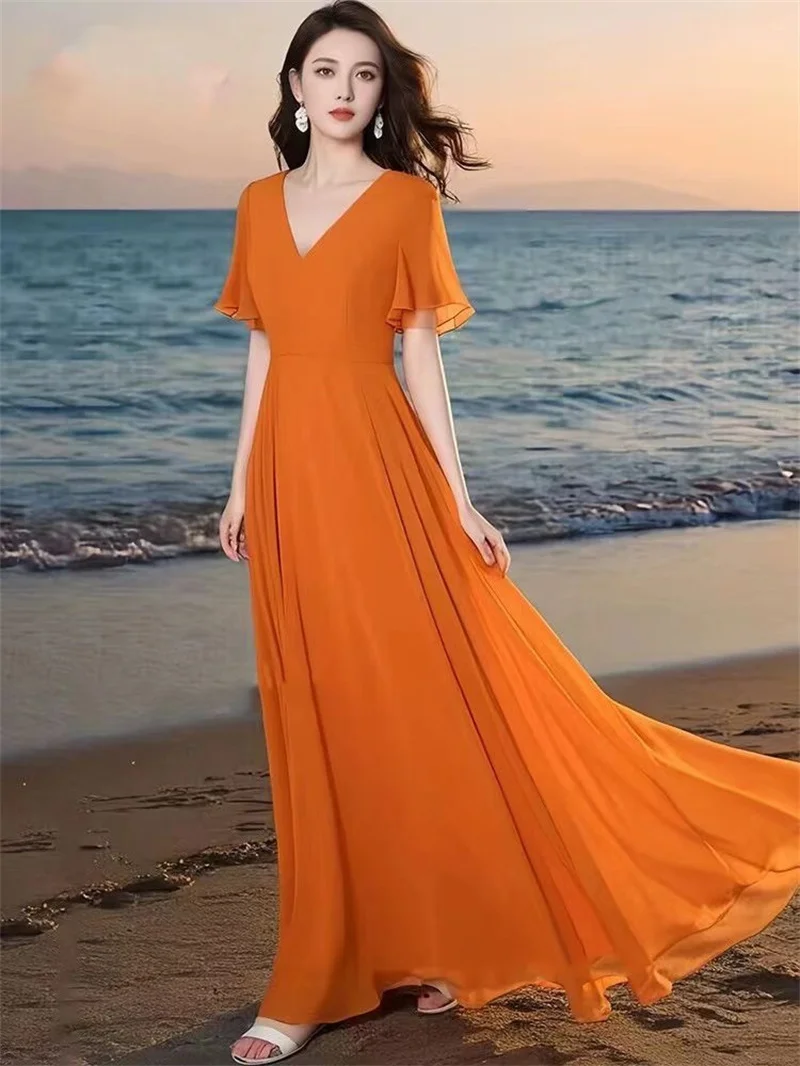 2025 Summer New Women's Solid Color V-Neck Elegant Slim Large Hem Mid Long Chiffon Dress Ladies Bohemian Beach Dresses Vestidos