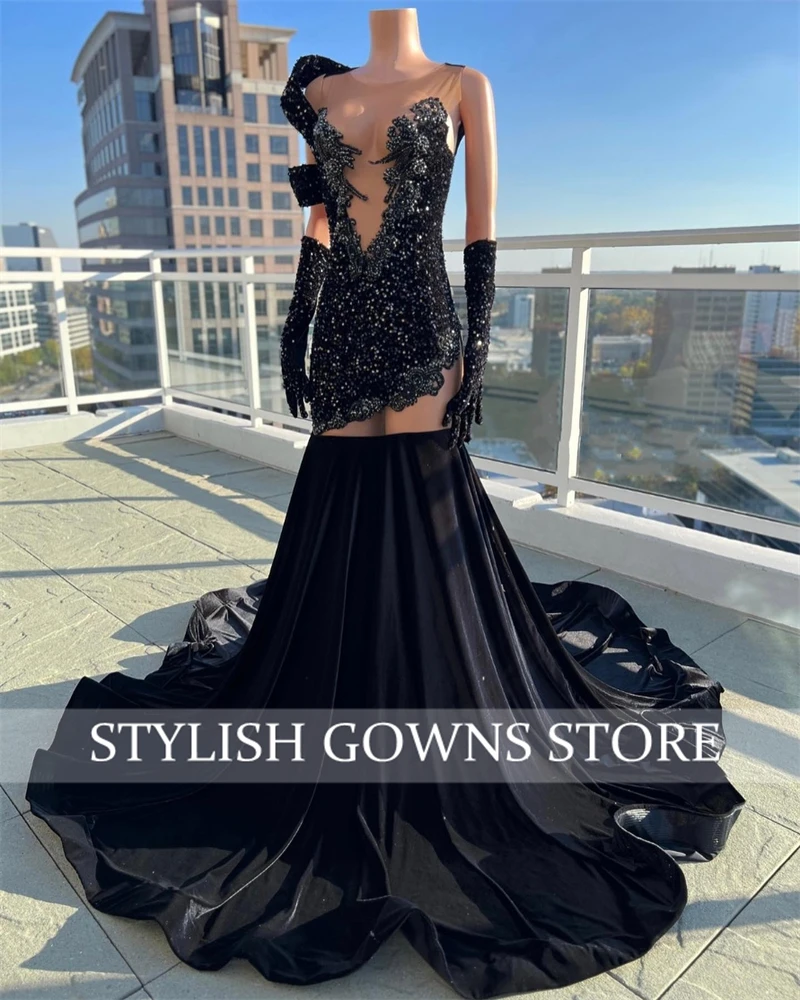 Sparkly Sequined O Neck Long Prom Dress For Black Girls Appliques Birthday Party Dresses With Gloves Formal Gown Robe De Bal