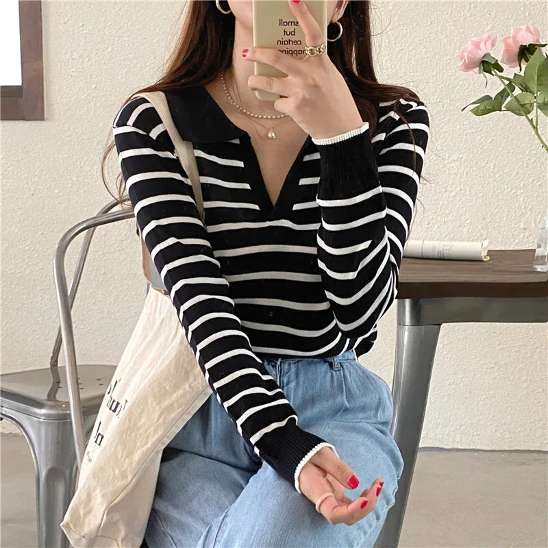 

Slim Fit Korean Style Neck Knitted Sweater Women's Spring Autumn Thin Long Sleeve Overhead Top Versatile Stripe Outerwear