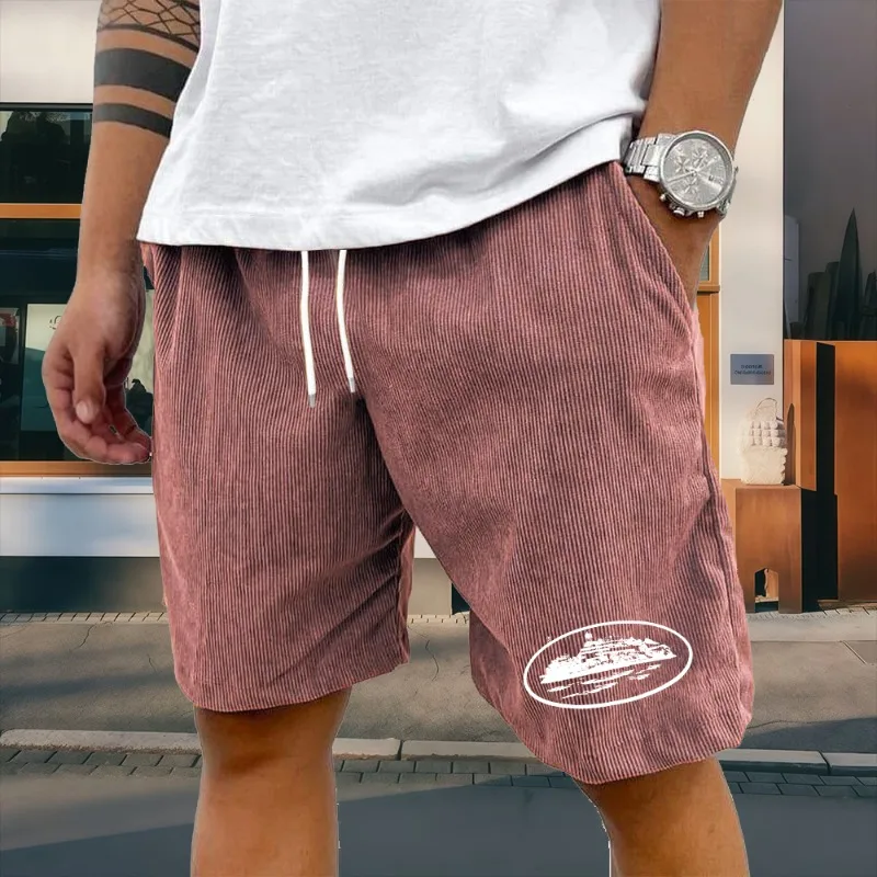 Men's Summer Corduroy Shorts with Trendy Printed Casual Loose Elastic Waist Drawstring Bermuda Shorts