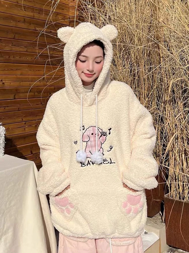 

Винтажные японские милые теплые толстовки из искусственного ягненка, женские свободные пуловеры с героями мультфильмов Kawaii, милый зимний топ с длинными рукавами в консервативном стиле
