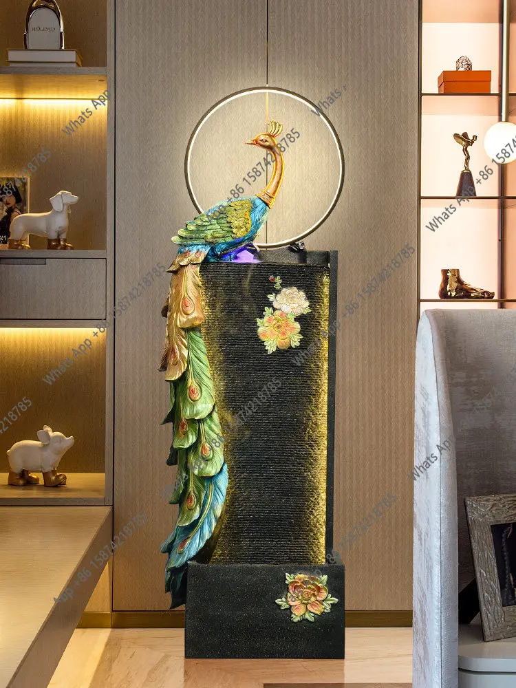 Peacock circulating water curtain wall floor-to-ceiling lucky living room entrance decorative running water device making money