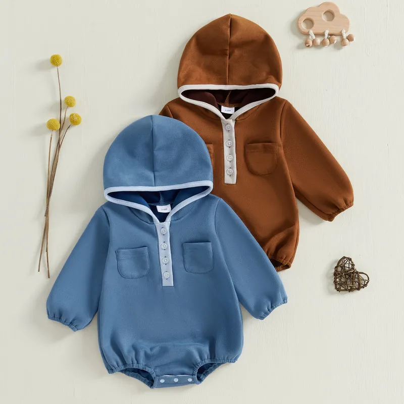 

0 to 18 Months Baby Boy Hood Bodysuit Spring Autumn Clothes Contrast Color Long Sleeve Button Pockets Bubble Jumpsuit