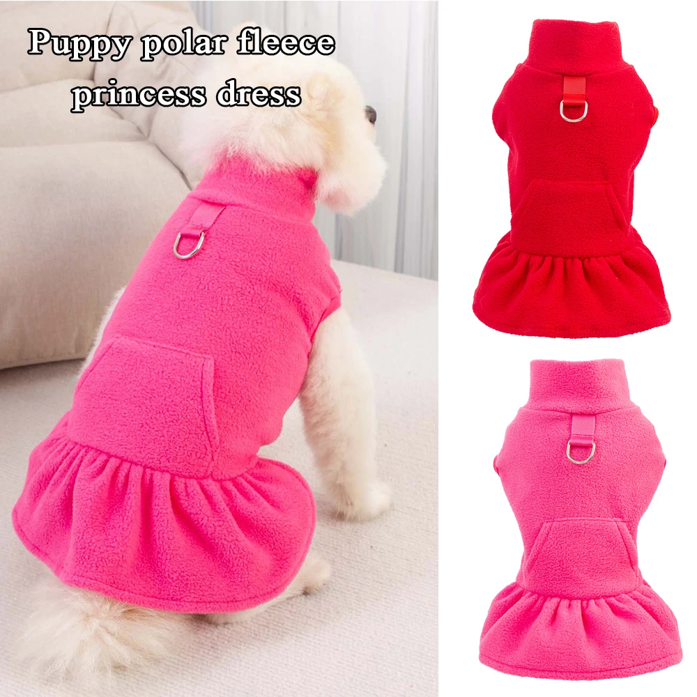 Lovely Pet Pullover Clothes Outfits with Tow Ring Collar Solid Dress Up Cotton Cute Dogs Pet Princess Dress for Outdoor Clothes