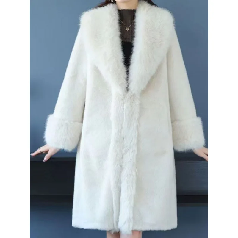 NBFENFA Faux Mink Fur Coat Mid-Length Women's Plush Coat Turndown Collar Winter 2024 New Black Mink Fur