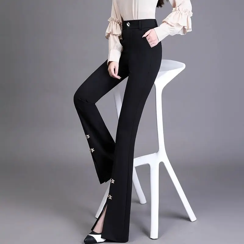 Women's Spring and Autumn New Korean Fashion Black All-match Casual Pants High-waisted Slimming Slit Flared Pants