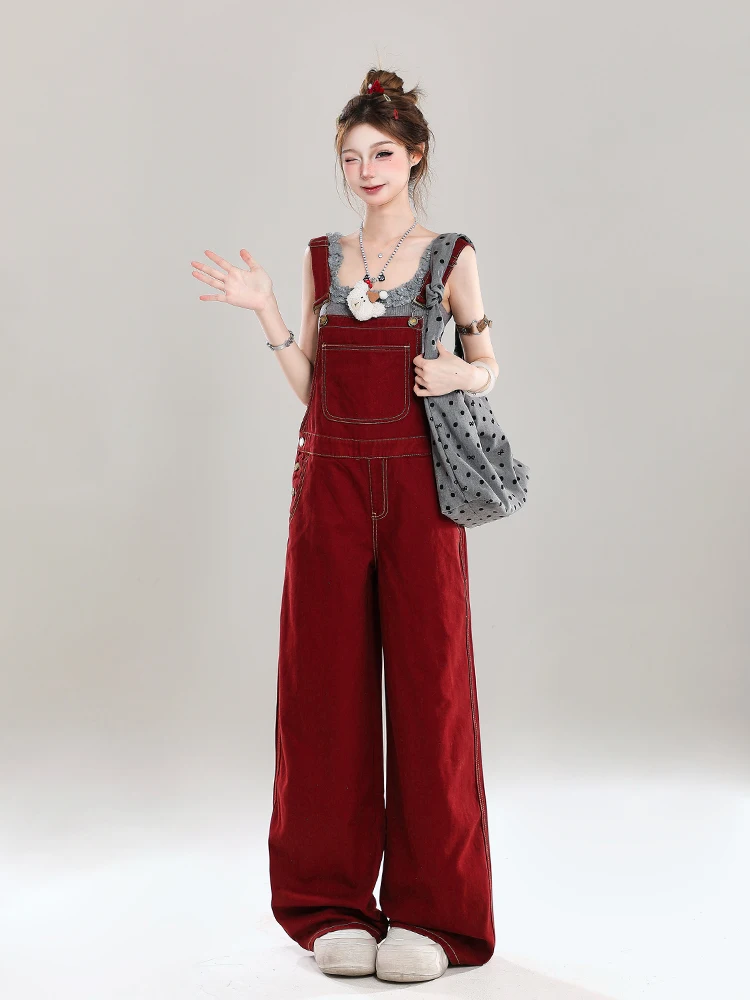 

Американские ретро-комбинезоны Anca красного цвета для женщин, лето 2025, новые, свободные, стильные, милые, цельные брюки из денима синего цвета